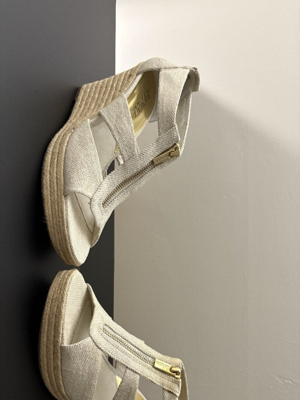 Michael Kors Beige Canvas Espadrille Zip Up Wedge Sandals Women Sz 8.5M